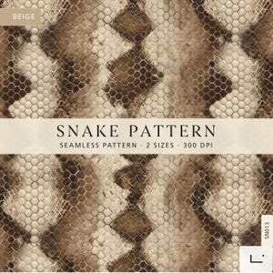 Könnte beinhalten: Ein nahtloses beiges und braunes Schlangenmuster mit einer hexagonalen Schuppentextur. Das Bild enthält den Text BEIGE, SNAKE PATTERN, SEAMLESS PATTERN, 2 SIZES, 300 DPI und SN013. Das Design zeigt ein sich wiederholendes Reptilienhautmotiv.