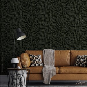 May include: A dark green wallpaper featuring a repeating textured snakeskin pattern. The wall is covered in this reptilian-inspired design, which provides a deep, monochromatic backdrop with a consistent scale-like appearance across the surface.