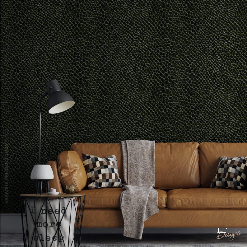 May include: A dark green wallpaper featuring a repeating textured snakeskin pattern. The wall is covered in this reptilian-inspired design, which provides a deep, monochromatic backdrop with a consistent scale-like appearance across the surface.