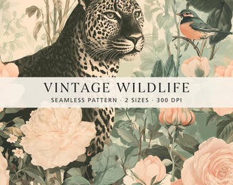 Vintage-Leopardenmuster mit botanischem Motiv, romantisches digitales Papier mit floralen und tierischen Motiven, nahtlose Tapete im Landhausstil, luxuriöses Stoffdesign