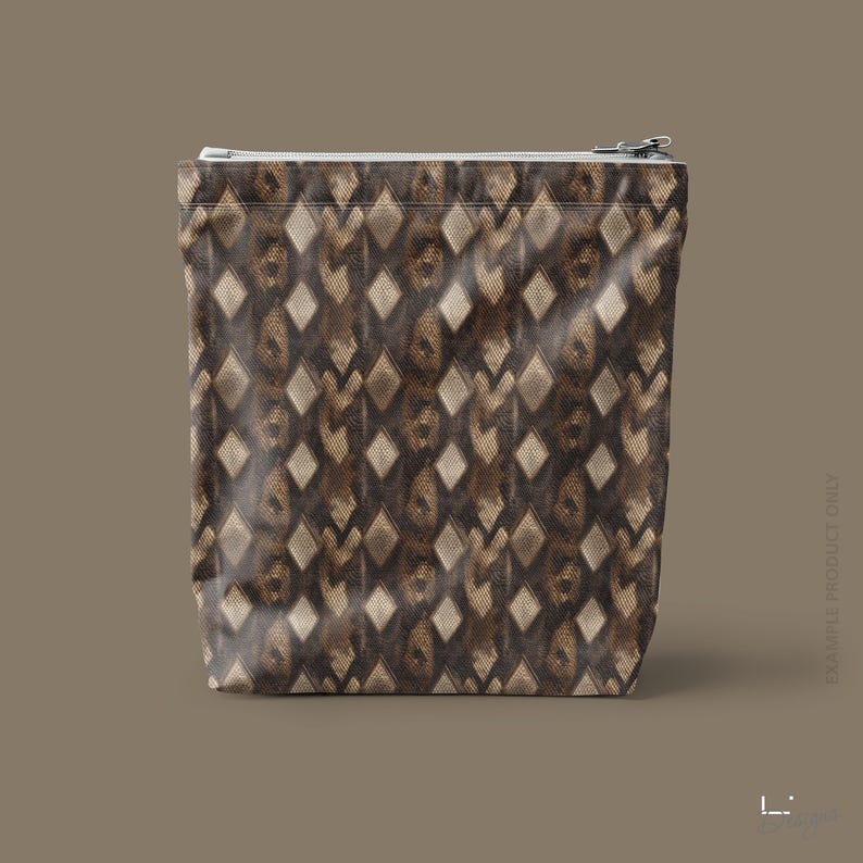 May include: A rectangular zippered pouch featuring a repeating diamond pattern in shades of dark brown, tan, and cream. The fabric has a textured appearance with a metallic silver zipper closure along the top edge of the bag.