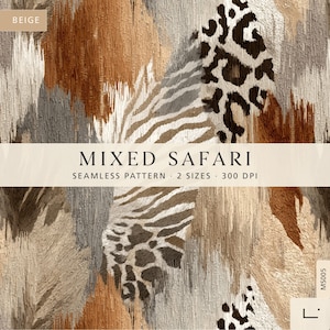 May include: A seamless pattern design featuring a textured mix of animal prints including leopard spots, zebra stripes, and giraffe patches in shades of beige, brown, white, and gray. The image includes the text MIXED SAFARI SEAMLESS PATTERN 2 SIZES 300 DPI.