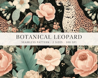 Leopard Floral Seamless Pattern, Botanical Wildlife Wallpaper Design, Vintage Safari Flowers, Romantic Jungle Fabric Pattern, Commercial Use