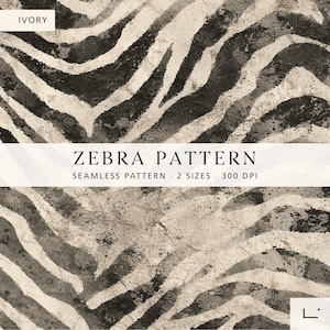 Puede incluir: Patrón de cebra en marfil y negro con el texto "ZEBRA PATTERN" y "SEAMLESS PATTERN". El diseño presenta un aspecto texturizado y desgastado con rayas oscuras sobre un fondo claro. El patrón está disponible en dos tamaños.