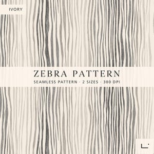 May include: A digital graphic featuring a vertical zebra pattern in shades of charcoal grey on an ivory background. Text overlay reads: IVORY, ZEBRA PATTERN, SEAMLESS PATTERN, 2 SIZES, 300 DPI. The design consists of irregular, elongated lines.