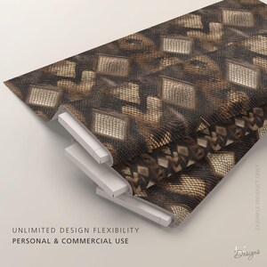 May include: A folded fabric featuring a repeating dark brown and tan snakeskin pattern with diamond-shaped accents. The material displays a textured, reptilian scale design throughout the surface, presented in multiple stacked layers of the same textile.