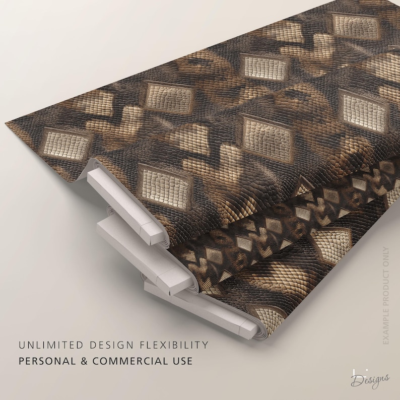 May include: A folded fabric featuring a repeating dark brown and tan snakeskin pattern with diamond-shaped accents. The material displays a textured, reptilian scale design throughout the surface, presented in multiple stacked layers of the same textile.