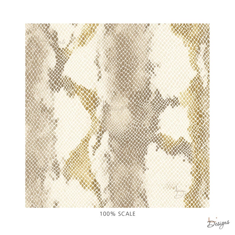 K&ouml;nnte beinhalten: Ein quadratisches Grafikmuster mit einer sich wiederholenden Schlangenhauttextur in Creme-, Beige- und Metallic-Goldt&ouml;nen. Das Design zeigt eine dichte, geschuppte Oberfl&auml;che mit organischen, unregelm&auml;&szlig;igen Formen. Der Text 100% SCALE ist unten zu sehen.