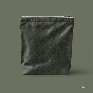 May include: A rectangular pouch in a dark olive green colour featuring a textured snakeskin-like pattern. The pouch has a straight top edge with a silver-toned metal zip closure that runs horizontally across the entire width of the item.