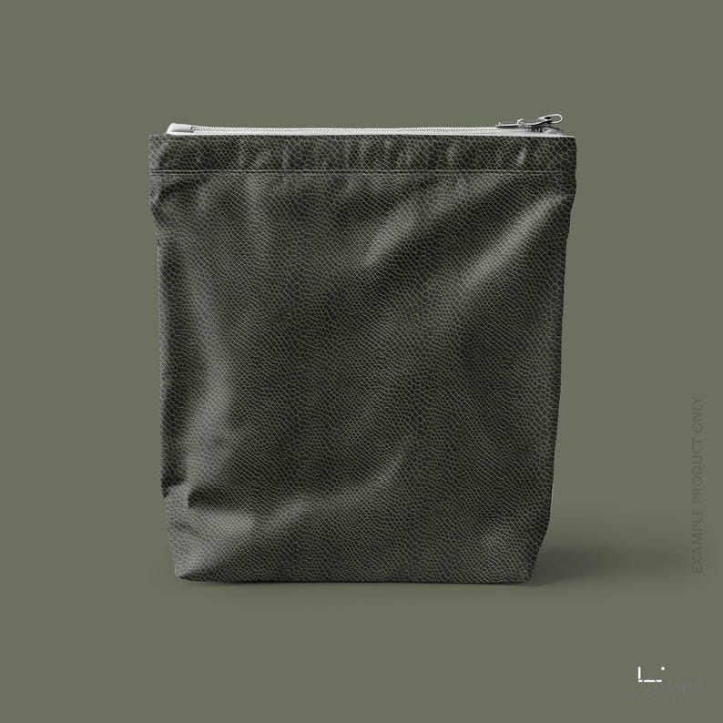 May include: A rectangular pouch in a dark olive green colour featuring a textured snakeskin-like pattern. The pouch has a straight top edge with a silver-toned metal zip closure that runs horizontally across the entire width of the item.