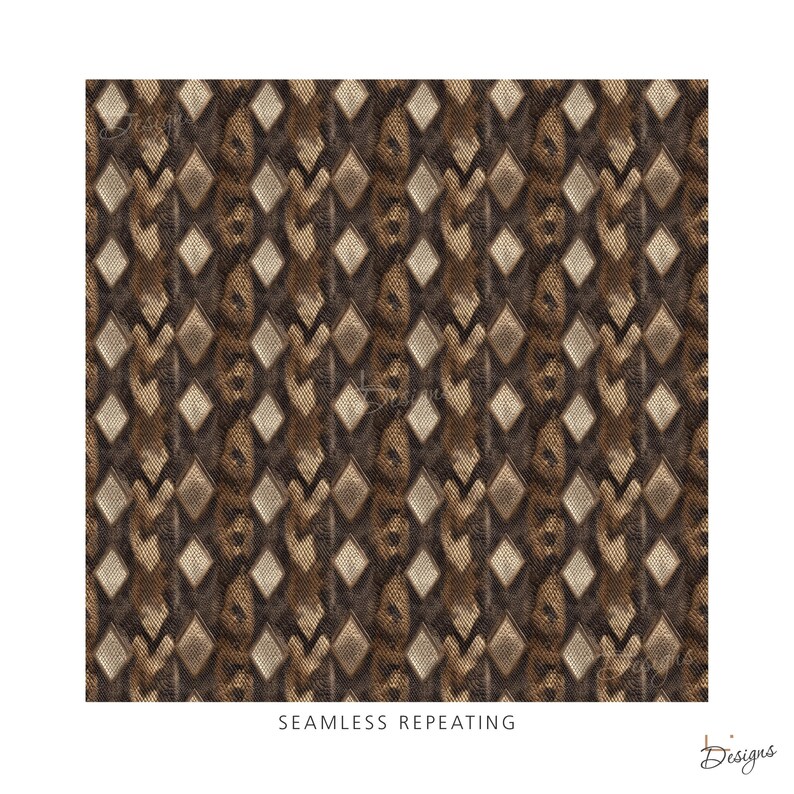 May include: A seamless repeating pattern featuring a brown and tan snakeskin texture overlaid with a grid of light-colored diamonds. The design includes the text SEAMLESS REPEATING at the bottom and a small logo in the lower right corner.