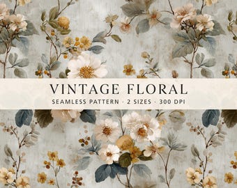 Vintage Blumenmuster, Salbei-grünes digitales Papier, Nahtloses Cottage Garden Stoffdesign, neutrale botanische Tapetentextur, kommerzielle Nutzung