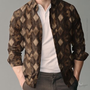 May include: A long-sleeved button-down shirt featuring a dark brown and tan diamond pattern with a textured appearance. The shirt is worn over a plain white polo shirt and dark gray trousers. The text EXAMPLE PRODUCT ONLY is visible on the right.