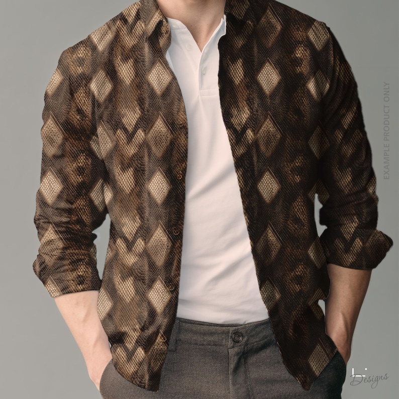 May include: A long-sleeved button-down shirt featuring a dark brown and tan diamond pattern with a textured appearance. The shirt is worn over a plain white polo shirt and dark gray trousers. The text EXAMPLE PRODUCT ONLY is visible on the right.