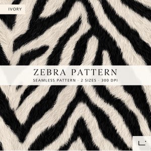Può includere: Motivo zebrato avorio e nero con la scritta "ZEBRA PATTERN". Il design senza cuciture presenta strisce nere su sfondo avorio. Il testo include anche "SEAMLESS PATTERN • 2 SIZES • 300 DPI".