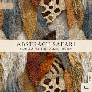 Puede incluir: Un diseño de patrón sin costuras titulado ABSTRACT SAFARI que presenta formas texturizadas y superpuestas en tonos beige, marrón, gris y dorado. El diseño incluye elementos de estampado animal como manchas de leopardo y rayas de tigre, con el texto BEIGE y MS006.