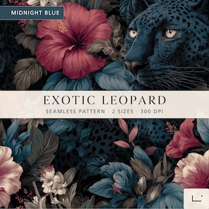 May include: A seamless pattern design featuring a dark blue leopard face surrounded by large magenta hibiscus flowers and dark foliage. The image includes text that reads MIDNIGHT BLUE, EXOTIC LEOPARD, SEAMLESS PATTERN, 2 SIZES, 300 DPI.