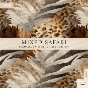 Puede incluir: Un patrón digital sin costuras con un diseño de estampado animal mixto en tonos beige, marrón y gris oscuro. El texto dice BEIGE, MIXED SAFARI, SEAMLESS PATTERN, 2 SIZES, 300 DPI y MS009. La textura se asemeja a piel con motivos de leopardo y cebra.