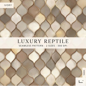 Puede incluir: Un patrón sin costuras con una paleta de colores marfil, beige y marrón con una forma de ojiva repetitiva. El diseño incluye detalles de piel de reptil texturizada y contornos dorados. Texto: IVORY, LUXURY REPTILE, SEAMLESS PATTERN, 2 SIZES, 300 DPI, SN004.