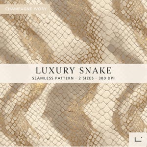 May include: A seamless pattern featuring a champagne ivory snake skin texture with diagonal bands of metallic gold accents. The image includes the text: CHAMPAGNE IVORY, LUXURY SNAKE, SEAMLESS PATTERN, 2 SIZES, 300 DPI. The design displays repeating scales.