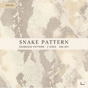 Könnte beinhalten: Ein nahtloses Schlangenmuster-Design in Beige-, Creme- und Grautönen. Das Bild enthält den Text "SNAKE PATTERN" und "SEAMLESS PATTERN • 2 SIZES • 300 DPI". Das Muster ist ein sich wiederholendes Design von Schuppen.