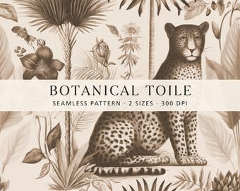 Botanisches Safari-Toile-Muster, Vintage-Dschungel-Digitalpapier, neutrale Leopardentapete, französischer botanischer Stoff, nahtloser Rapportdruck