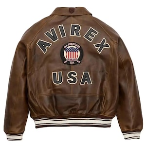 AVIREX USA Edition Icon Jacket In Brown Color, Military Bomber Jacket, Men&#39;s Bomber Jacket, Original Leather Jacket For Him, Gift For Him