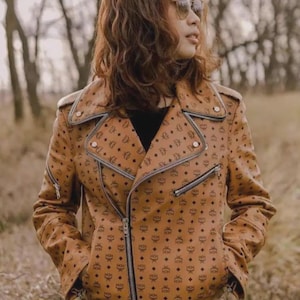 MCM Women’s Leather Jacket, Handmade MCM Biker Racing Motorcycle Jacket, Luxury Streetwear Coat, Designer MCM Jacket, Gift for Her