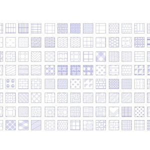 Puede incluir: Una cuadrícula de 100 pequeños diseños cuadrados, cada uno con un patrón único en líneas azules sobre un fondo blanco. Los patrones incluyen formas geométricas, líneas y otros diseños abstractos. El efecto general es una colección de patrones minimalistas diversos.