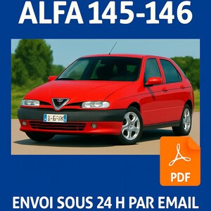 May include: A red Alfa Romeo 145-146 car with the text "MANUEL ATELIER ALFA 145-146" in white letters on a blue background. A PDF icon is in the lower right corner. The car has a license plate.