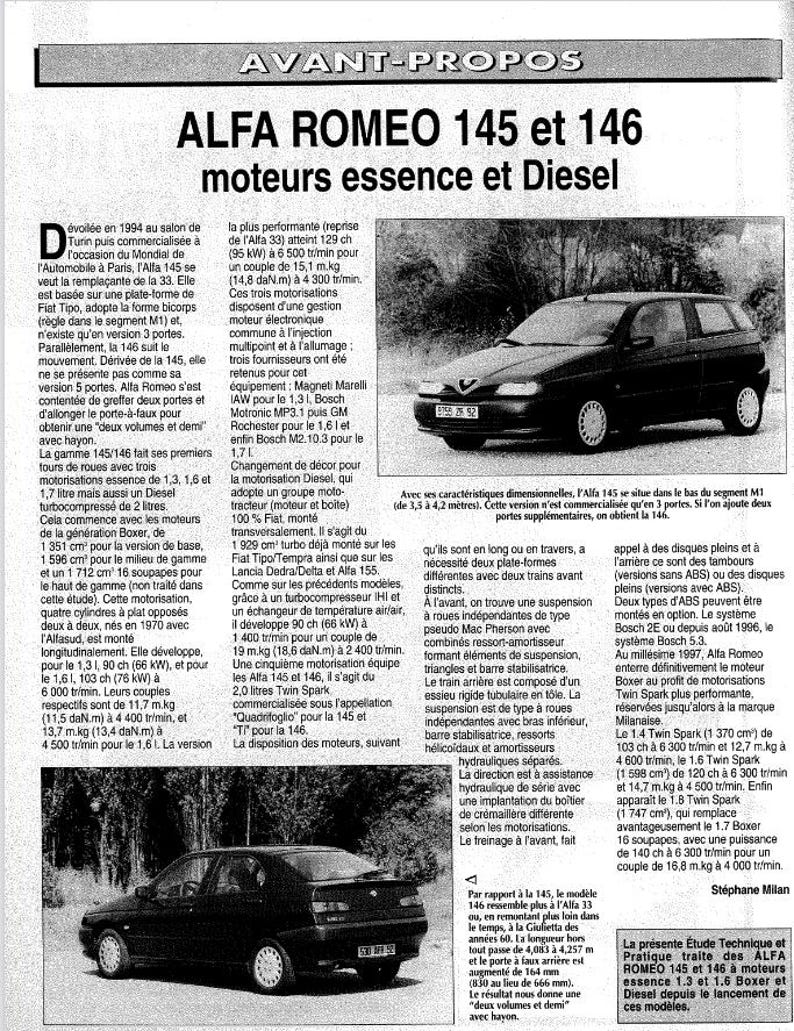 May include: Black Alfa Romeo 145 and 146 cars, side view, with text in French. The cars are parked on a road. The text includes the model names and engine details.