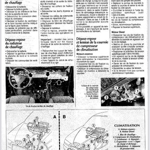 May include: Diagram of car components for heating, ventilation, and air conditioning systems. Includes labeled parts like the heater fan, radiator, and compressor, with instructions for removal and installation.