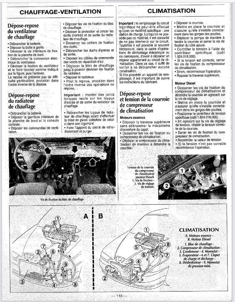 May include: Diagram of car components for heating, ventilation, and air conditioning systems. Includes labeled parts like the heater fan, radiator, and compressor, with instructions for removal and installation.