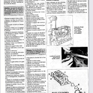 May include: Diagram of engine disassembly and reassembly steps, with detailed illustrations and text in French. Includes labeled parts like the cylinder block, rear bearing, and gaskets. The page is from a diesel motor manual.