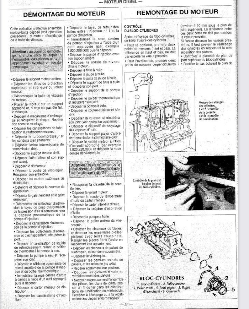 May include: Diagram of engine disassembly and reassembly steps, with detailed illustrations and text in French. Includes labeled parts like the cylinder block, rear bearing, and gaskets. The page is from a diesel motor manual.