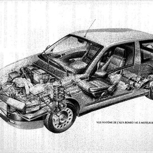 May include: An illustration of a car with a cutaway view, revealing the engine and interior details. The car is a hatchback model, with visible seats, dashboard, and mechanical components. The image is in black and white.