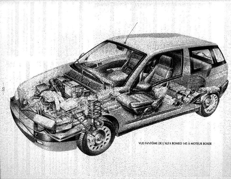 May include: An illustration of a car with a cutaway view, revealing the engine and interior details. The car is a hatchback model, with visible seats, dashboard, and mechanical components. The image is in black and white.