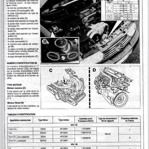 May include: A page from a car manual with diagrams of engine components and a table of specifications. The text includes details on engine types, cylinder capacity, and transmission types. The manual is in French.