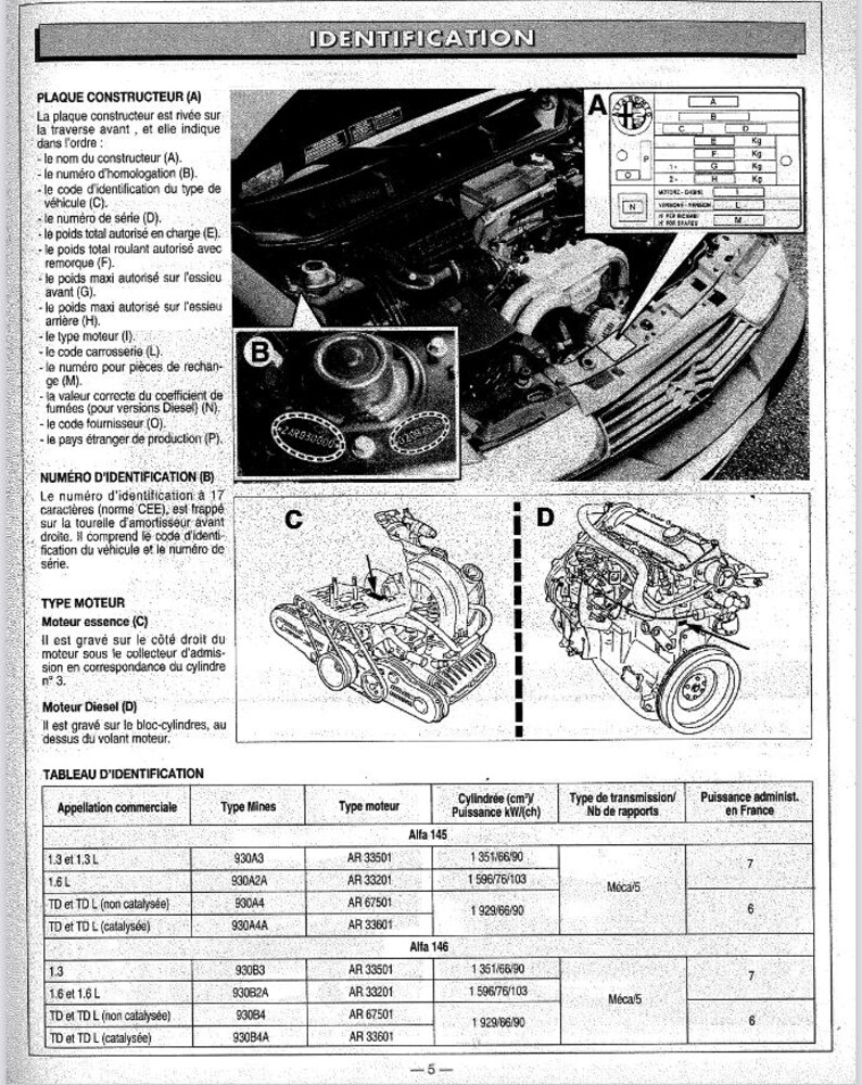 May include: A page from a car manual with diagrams of engine components and a table of specifications. The text includes details on engine types, cylinder capacity, and transmission types. The manual is in French.