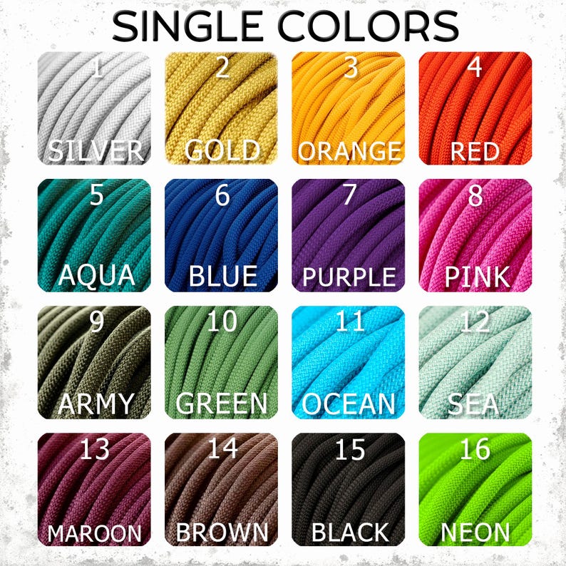 Op de afbeelding: Een kleurenkaart met zestien enkele kleuren touw. De kleuren zijn zilver, goud, oranje, rood, aqua, blauw, paars, roze, legergroen, groen, oceaanblauw, zeegroen, bordeauxrood, bruin, zwart en neon groen. De tekst "SINGLE COLORS" staat bovenaan.