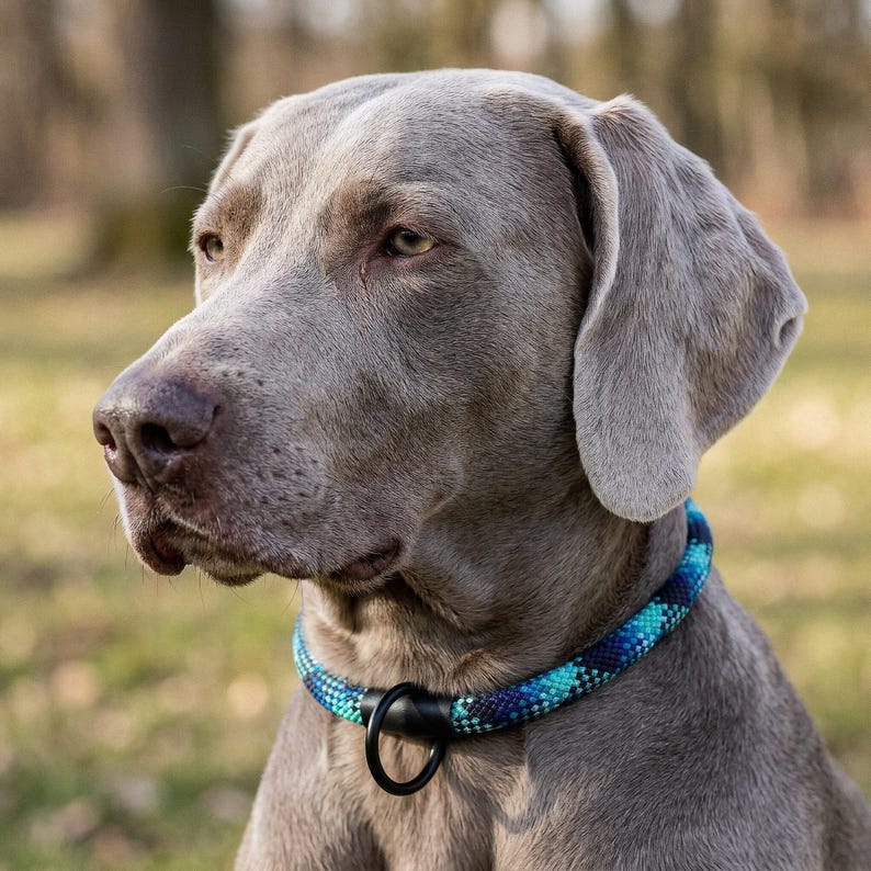 Op de afbeelding: Een Weimaraner hond met een grijze vacht en een blauw en turquoise kralen halsband. De hond kijkt naar links, met een vage achtergrond van bomen en gras. De halsband heeft een zwarte metalen ring.