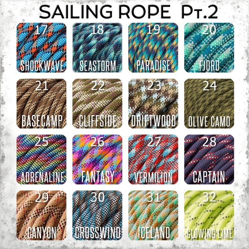 May include: A collection of sailing ropes in various colors and patterns, including blue, green, brown, and red. Each rope is labeled with a unique name such as "Shockwave," "Seastorm," and "Fantasy." The image is titled "SAILING ROPE Pt.2."