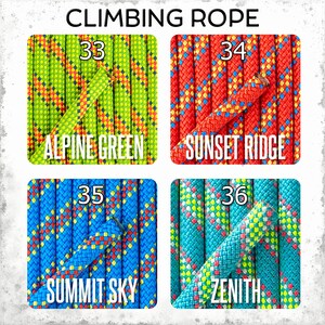 Op de afbeelding: Vier klimtouwmonsters in groen, rood, blauw en turquoise, elk met een ander kleurenpatroon. De touwen zijn gelabeld met "Alpine Green", "Sunset Ridge", "Summit Sky" en "Zenith". De tekst "Climbing Rope" staat bovenaan.