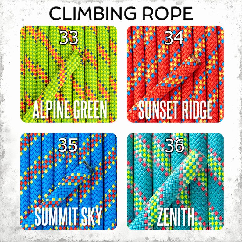 Op de afbeelding: Vier klimtouwmonsters in groen, rood, blauw en turquoise, elk met een ander kleurenpatroon. De touwen zijn gelabeld met "Alpine Green", "Sunset Ridge", "Summit Sky" en "Zenith". De tekst "Climbing Rope" staat bovenaan.