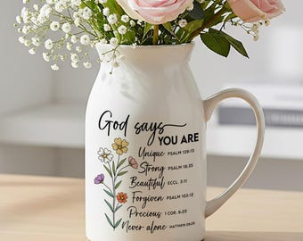 Jarra de cerámica cristiana con versículo bíblico, centro de mesa decorativo floral estilo granja, jarrón con cita de fe, regalo de inauguración de casa para mujeres.