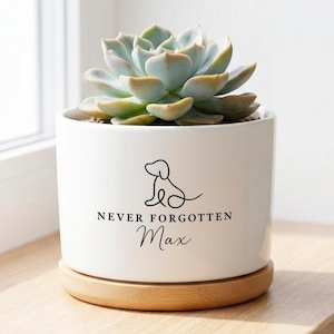 May include: A white ceramic planter with a succulent plant. The planter has a wooden base and features a black line drawing of a dog and the text "NEVER FORGOTTEN Max". The succulent has green and blue-green leaves.