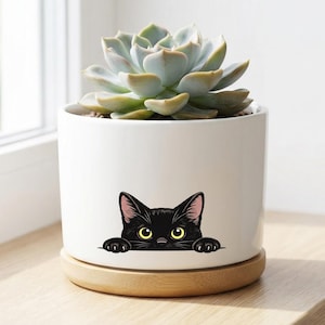 Zwarte kat plantenbak, grillige dierenbloempot, kattenliefhebber cadeau, keramische kat moeder plantenpot, indoor bureau tuindecor