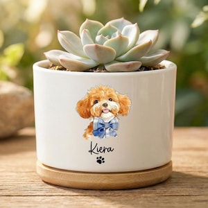 May include: White ceramic planter with a watercolor illustration of a fluffy, light brown dog wearing a blue bow tie. The name "Kiera" and a paw print are below the dog. The planter holds a succulent plant and sits on a wooden base.