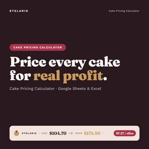 Calculadora de precios de pasteles, calculadora de costos de panadería, hoja de cálculo de precio por porción para Google Sheets y Excel, guía de precios de pasteles para panaderos caseros