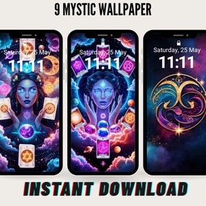 May include: Three smartphone screens displaying mystic-themed wallpapers. Each features a celestial woman, tarot cards, and cosmic elements. The text "9 MYSTIC WALLPAPER" and "INSTANT DOWNLOAD" are visible. The date and time "Saturday, 25 May 11:11" are displayed on each screen.